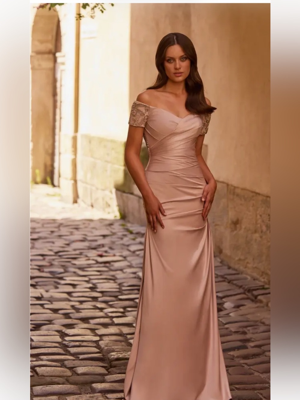 Off-Shoulder Blush Satin Evening Gown with Beaded Sleeves size 10